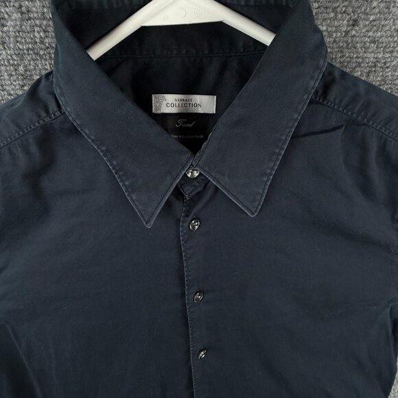 Versace Button Up Shirt Men Long Sleeve Designer Navy Blue Trend Size 17 Blend * - Picture 1 of 16